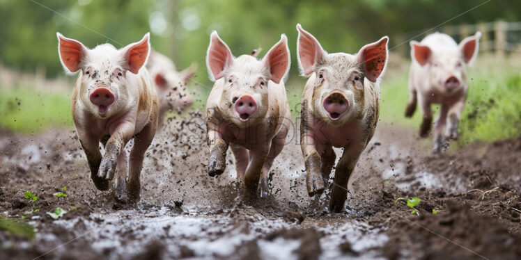 Some piglets running in the mud - Starpik Stock