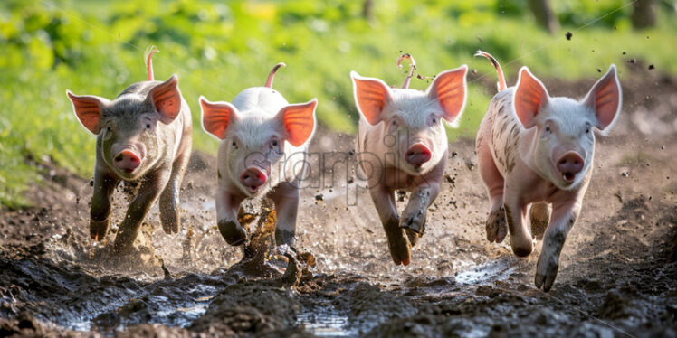 Some piglets running in the mud - Starpik Stock