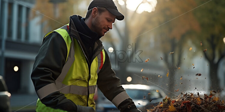 Street sweeper wearing personal protective equipment and cap - Starpik Stock