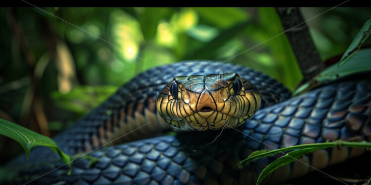 Striking king cobra, poised and ready to strike in the heart of the dense jungle - Starpik Stock