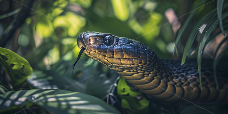 Striking king cobra, poised and ready to strike in the heart of the dense jungle - Starpik Stock