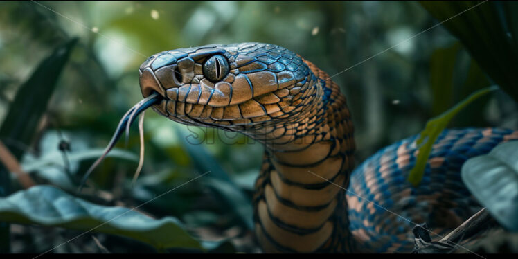 Striking king cobra, poised and ready to strike in the heart of the dense jungle - Starpik Stock