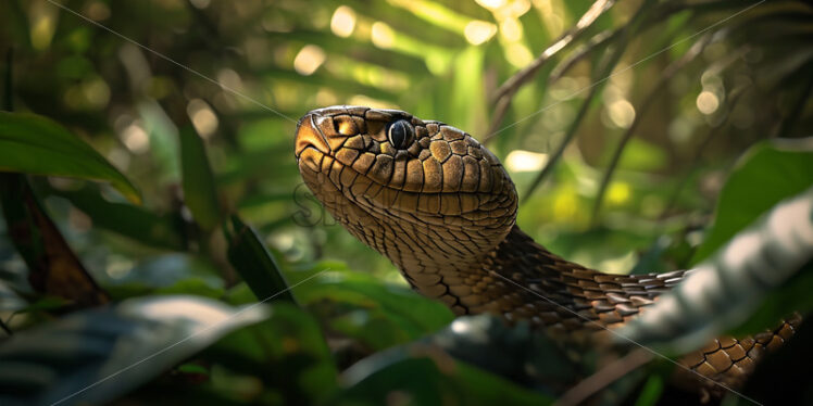 Striking king cobra, poised and ready to strike in the heart of the dense jungle - Starpik Stock