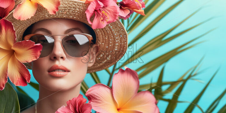 Stylish woman wearing a straw hat and trendy sunglasses - Starpik Stock