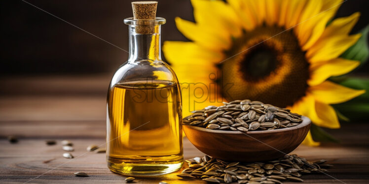 Sunflower oil in a bottle and seeds - Starpik Stock