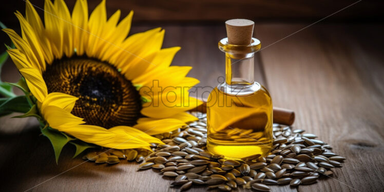 Sunflower oil in a bottle and seeds - Starpik Stock