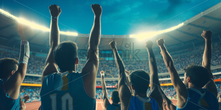 Supporters on a stadium with hands up, during the game competitions, winning team - Starpik Stock