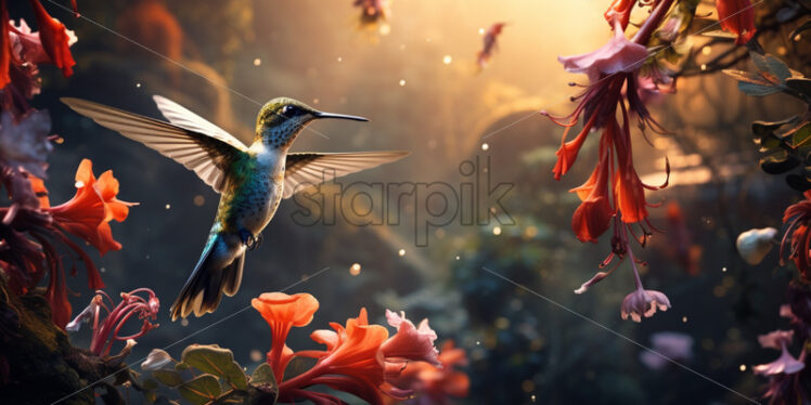 Swarm of hummingbirds feeding on nectar from exotic flowers in a secluded jungle oasis - Starpik Stock