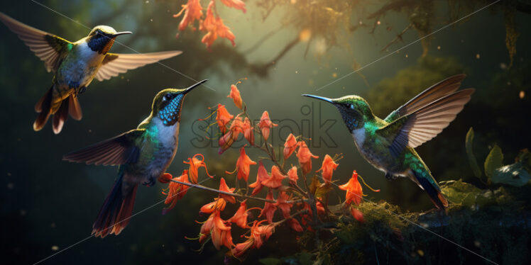 Swarm of hummingbirds feeding on nectar from exotic flowers in a secluded jungle oasis - Starpik Stock