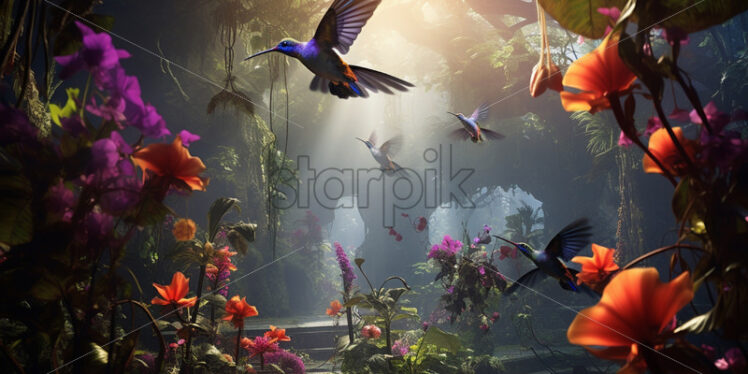 Swarm of hummingbirds feeding on nectar from exotic flowers in a secluded jungle oasis - Starpik Stock