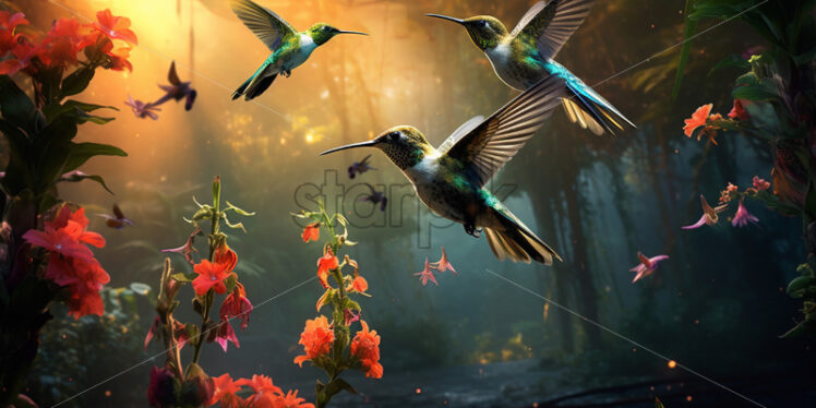 Swarm of hummingbirds feeding on nectar from exotic flowers in a secluded jungle oasis - Starpik Stock