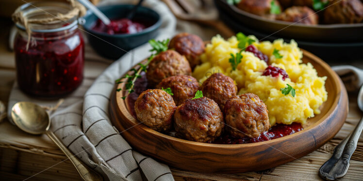 Swedish Meatballs on a rustic wooden board  - Starpik Stock