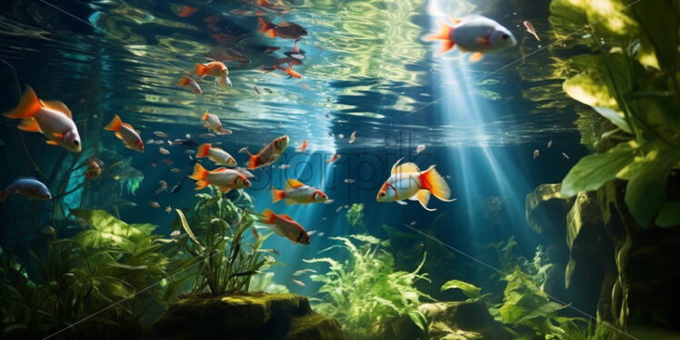 Swirling school of exotic fish navigating through the crystal-clear waters of a jungle river - Starpik Stock