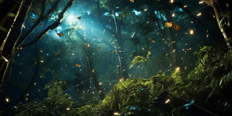 Swirling swarm of fireflies creating a magical atmosphere in the moonlit jungle canopy - Starpik Stock