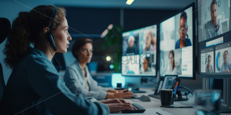 Team members at their desks, participating in a virtual meeting via video conference - Starpik Stock