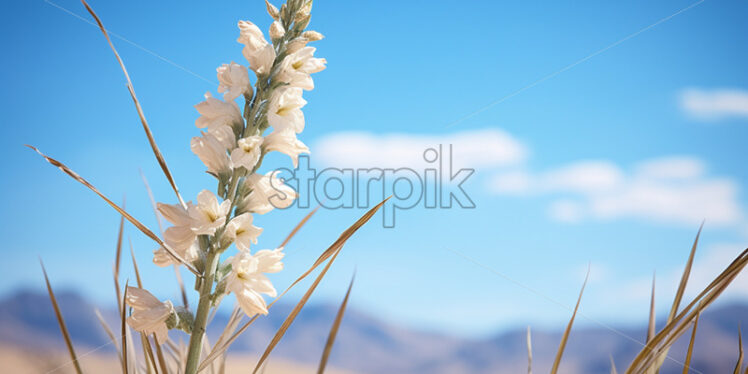 The Yucca plant, with its tall flowering stalk, standing against the desert backdrop - Starpik Stock