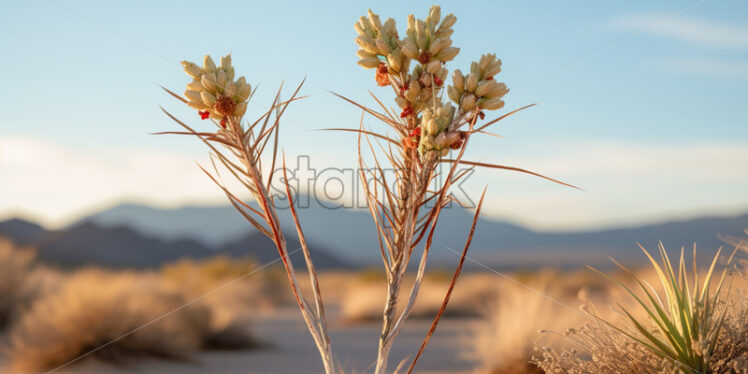 The Yucca plant, with its tall flowering stalk, standing against the desert backdrop - Starpik Stock