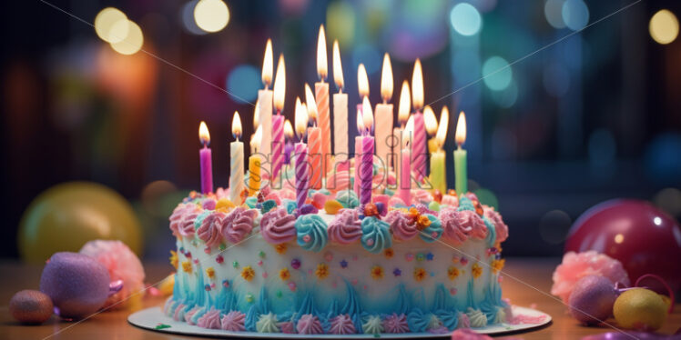 The birthday cake adorned with candles, frosting, and vibrant decorations - Starpik Stock