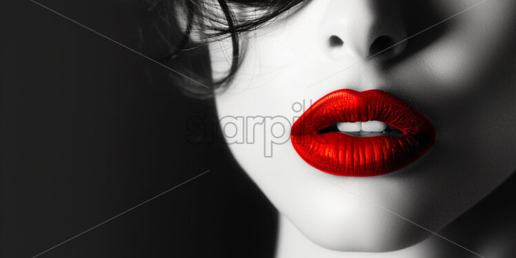 The black and white portrait of a girl, the lips accentuated in red - Starpik Stock