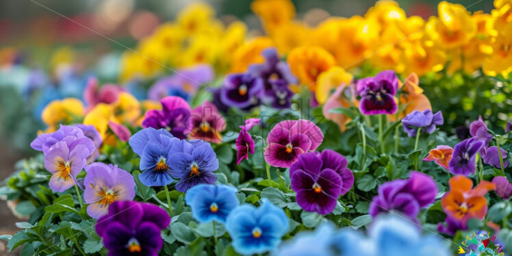 The cheerful and multi-colored pansies adorning garden beds - Starpik Stock