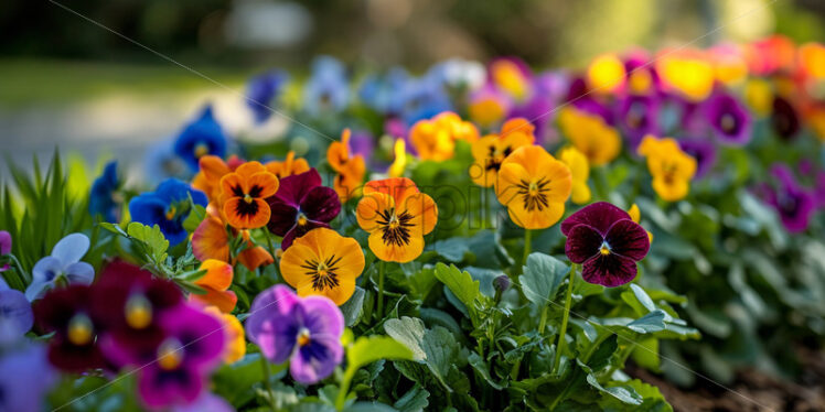 The cheerful and multi-colored pansies adorning garden beds - Starpik Stock