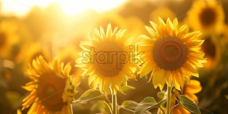 The cheerful faces of sunflowers turning towards the warm sunlight - Starpik Stock