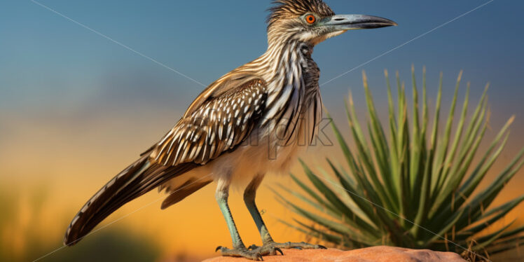 The colorful and agile greater roadrunner perched on a desert cactus - Starpik Stock