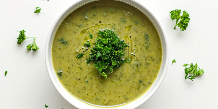 The creamy broccoli soup in white bowl, topped with a generous sprinkle of fresh parsley, on white background, - Starpik Stock