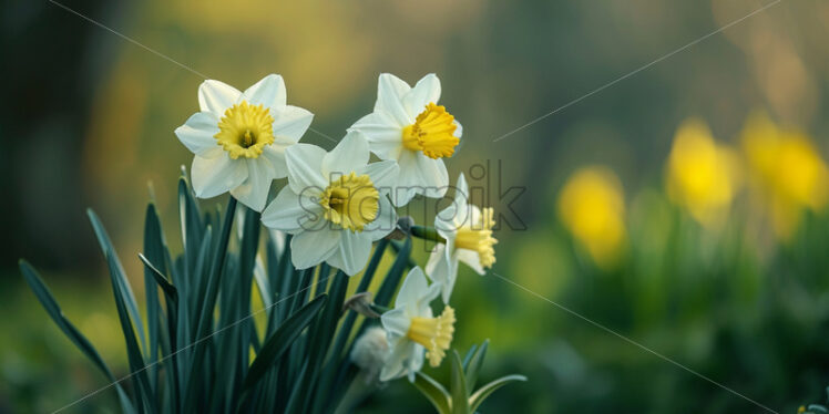 The elegant, trumpet-shaped blooms of daffodils announcing the arrival of spring - Starpik Stock