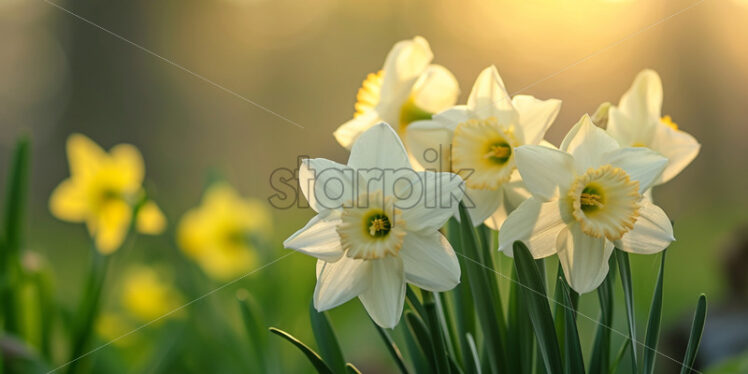 The elegant, trumpet-shaped blooms of daffodils announcing the arrival of spring - Starpik Stock