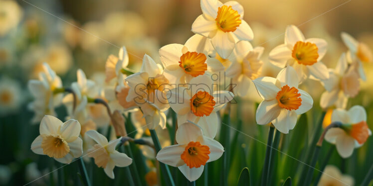 The elegant, trumpet-shaped blooms of daffodils announcing the arrival of spring - Starpik Stock