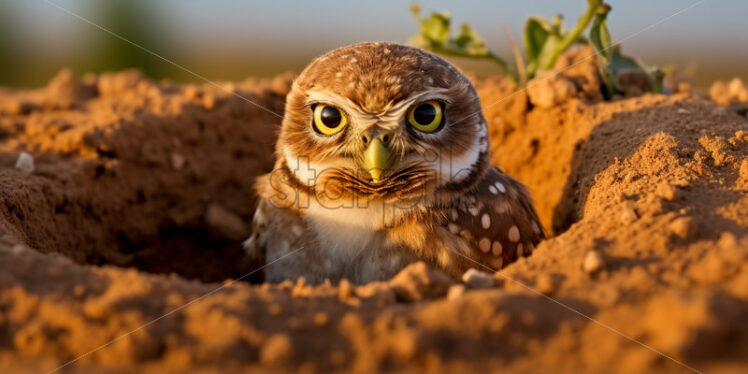 The elusive and nocturnal Burrowing owl emerging from its desert nest - Starpik Stock