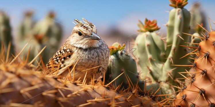 The elusive and well-camouflaged cactus wren building its nest in a desert thicket - Starpik Stock