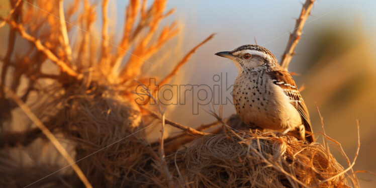 The elusive and well-camouflaged cactus wren building its nest in a desert thicket - Starpik Stock