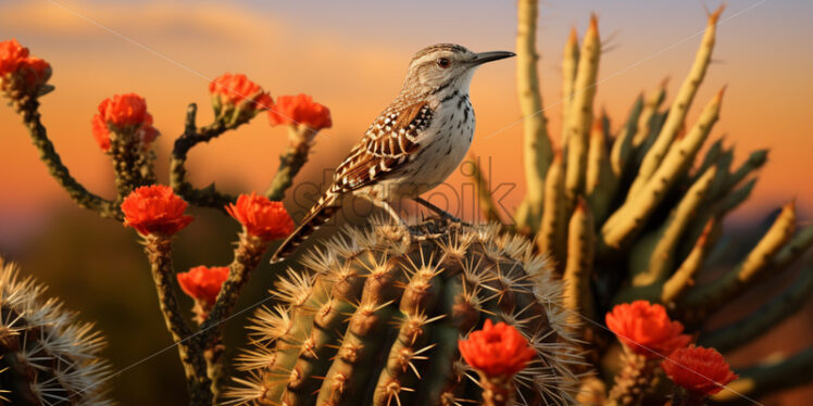 The elusive and well-camouflaged cactus wren building its nest in a desert thicket - Starpik Stock