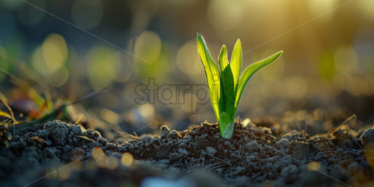 The first delicate shoots of green pushing through the thawing soil - Starpik Stock