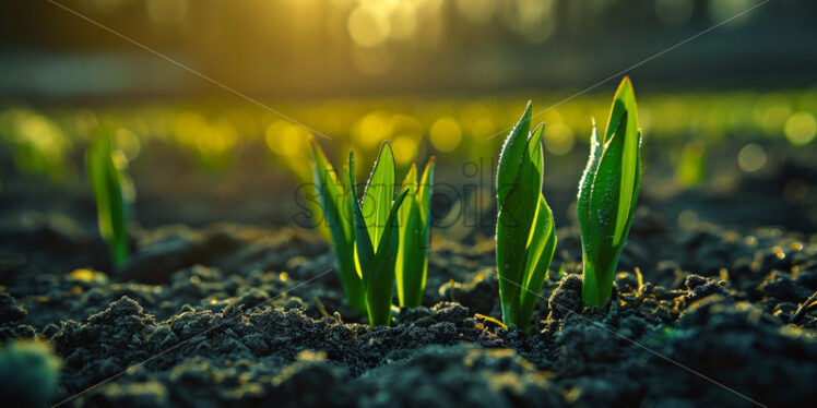 The first delicate shoots of green pushing through the thawing soil - Starpik Stock