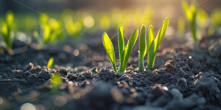 The first delicate shoots of green pushing through the thawing soil - Starpik Stock