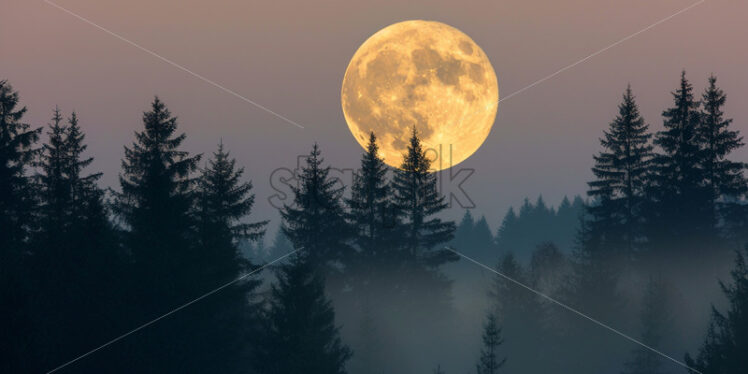 The full moon above a coniferous forest - Starpik Stock