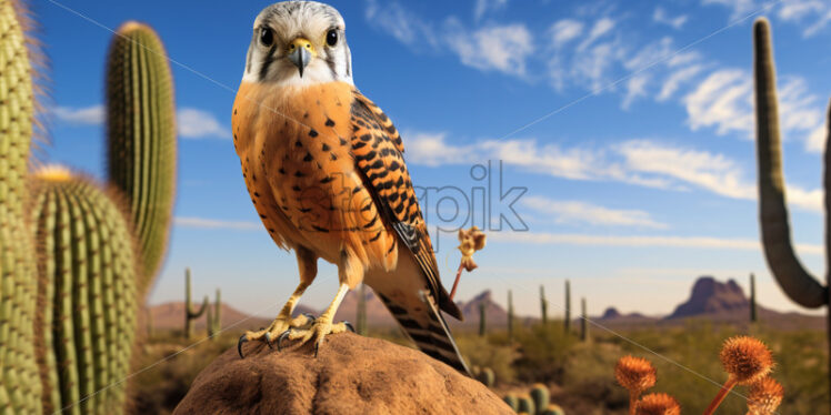 The iconic American kestrel, a small but powerful falcon, scanning the desert for prey - Starpik Stock