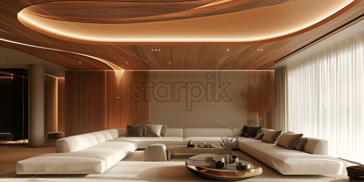 The interior of a living room with a wooden pattern - Starpik Stock