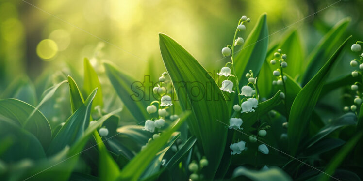 The intricate patterns of lily-of-the-valley hiding beneath lush foliage - Starpik Stock