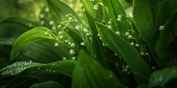 The intricate patterns of lily-of-the-valley hiding beneath lush foliage - Starpik Stock