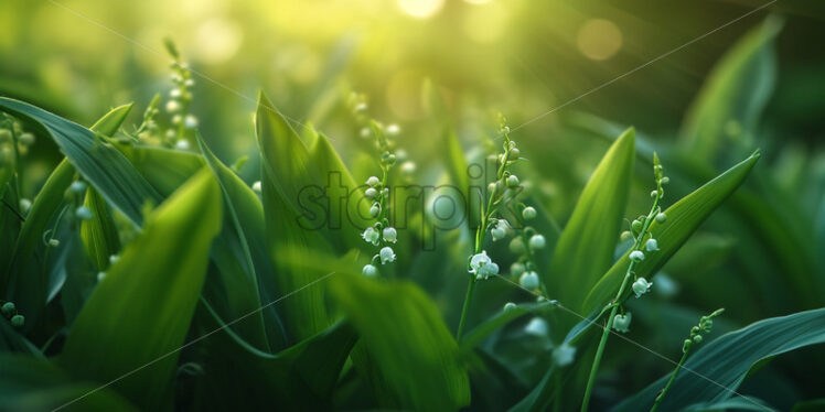 The intricate patterns of lily-of-the-valley hiding beneath lush foliage - Starpik Stock