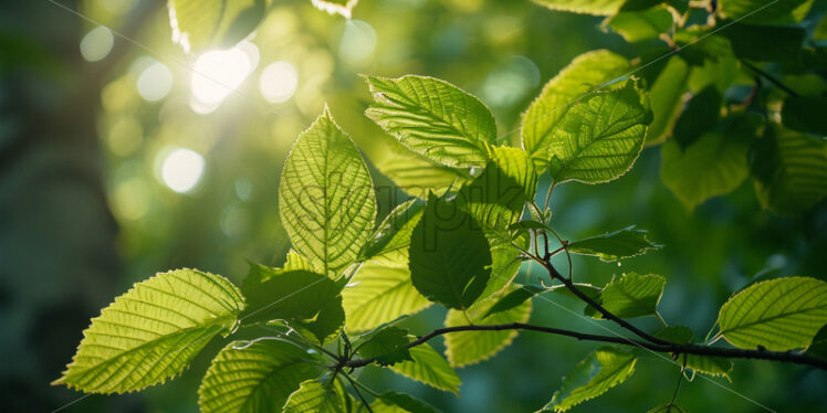 The play of sunlight filtering through the fresh, lime-green leaves of a young woodland - Starpik Stock