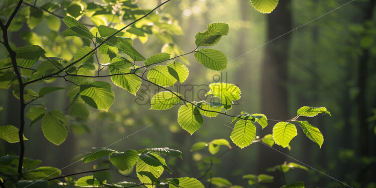 The play of sunlight filtering through the fresh, lime-green leaves of a young woodland - Starpik Stock