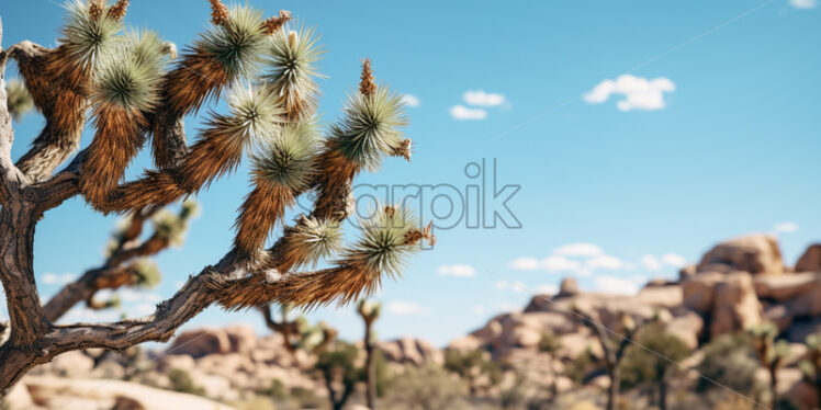 The resilient Joshua tree, its spiky branches reaching towards the desert sky - Starpik Stock