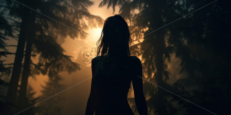 The silhouette of a girl on the background of a coniferous forest - Starpik Stock