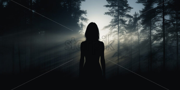 The silhouette of a girl on the background of a coniferous forest - Starpik Stock