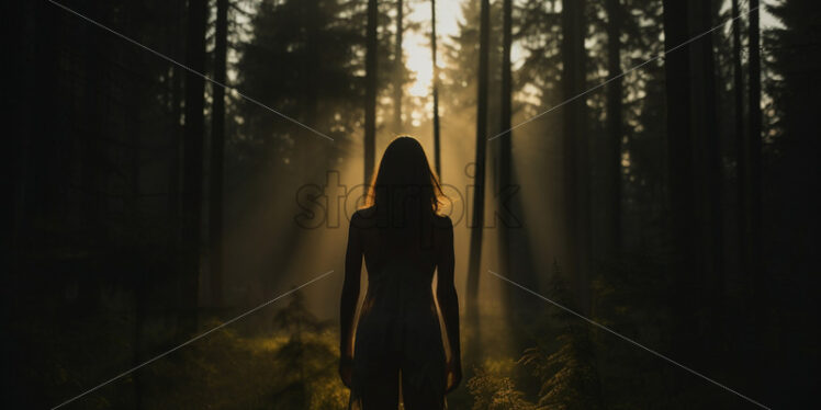 The silhouette of a girl on the background of a coniferous forest - Starpik Stock